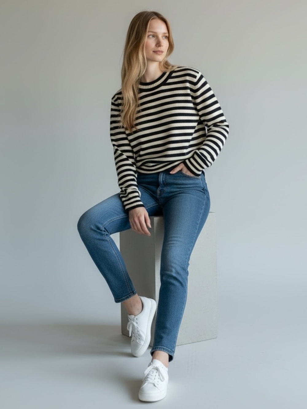 Caara navy white striped cashmere blend sweater XS